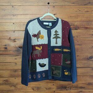 croft & barrow fall woodland nature patch grandma sweater cardigan size L large